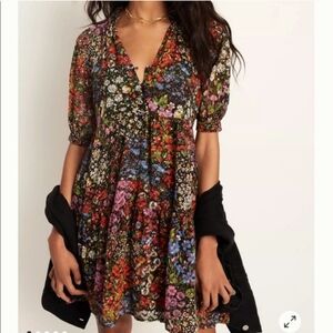 Anthropologie Maeve Brown Melinda Multicolor Floral Short-Sleeve Tiered Dress XL